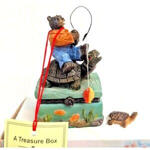 Fishing Bear on Turtle Treasure Trinket Box Resin 3.5 x 2 x 1.5-inch Gift Box